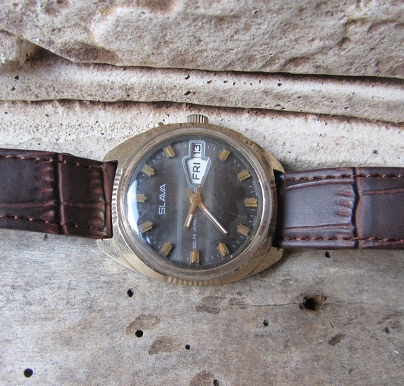 Russian watch Slava with date and day ,Goldplated,