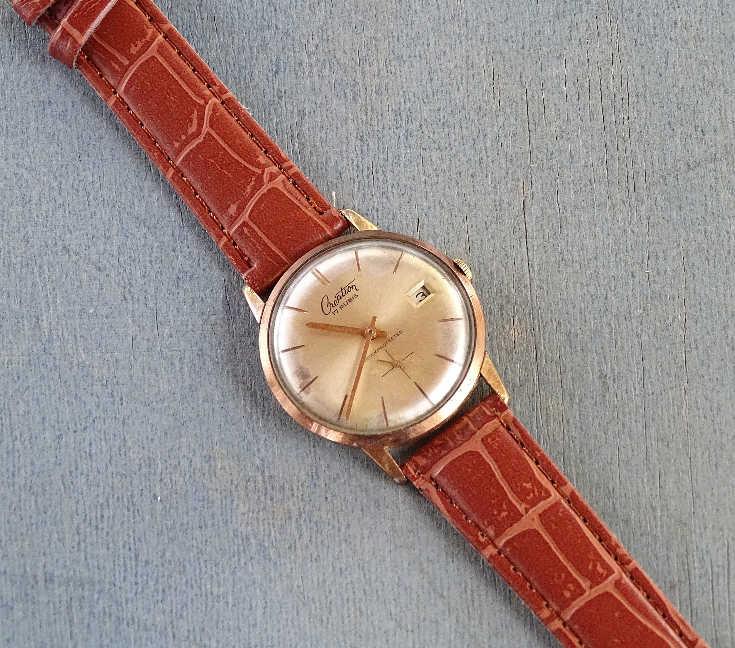 ヴィンテージメンズウォッチ Creation-17rubis、金メッキウォッチ