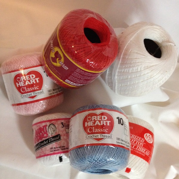 7 Balls of Cotton Crochet Thread -  Quantity 6 Balls Size 10, 1 Ball Size 3