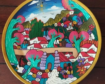 Vintage Mexican Folk Art Pottery Handpainted Plate