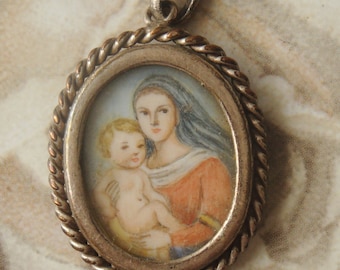 Antique Religious Medal Mother And Child Under Glass