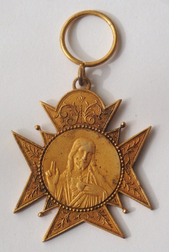 Old Religious Medal Sacred Heart Of Jesus Gem