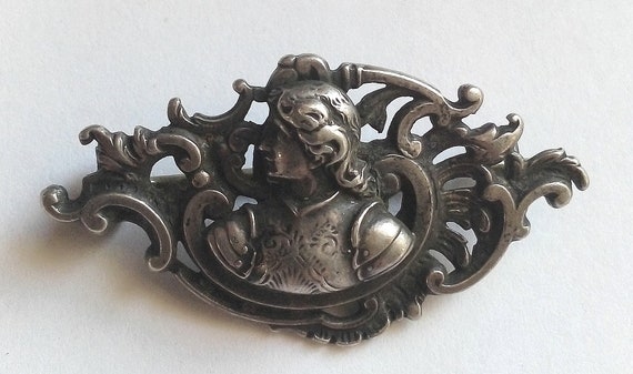 Gorgeous Old Solid Silver Brooch St. Joan of Arc - image 1