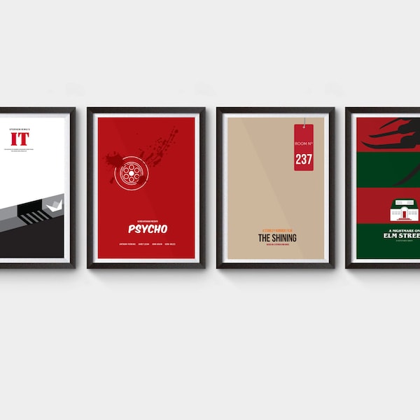 Horror Collection - x 4 prints - It poster, psycho poster, the shining poster, nightmare on elm street poster, minimalist movie poster