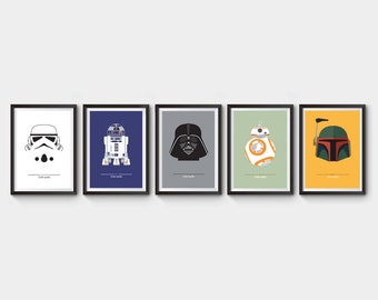 Star Wars Filmposter, x5 Filmposter, Filmposter, Darth Vader, r2d2, Stormtrooper, bb-8, boba fett, Minimalistisches Filmposter, Star Wars