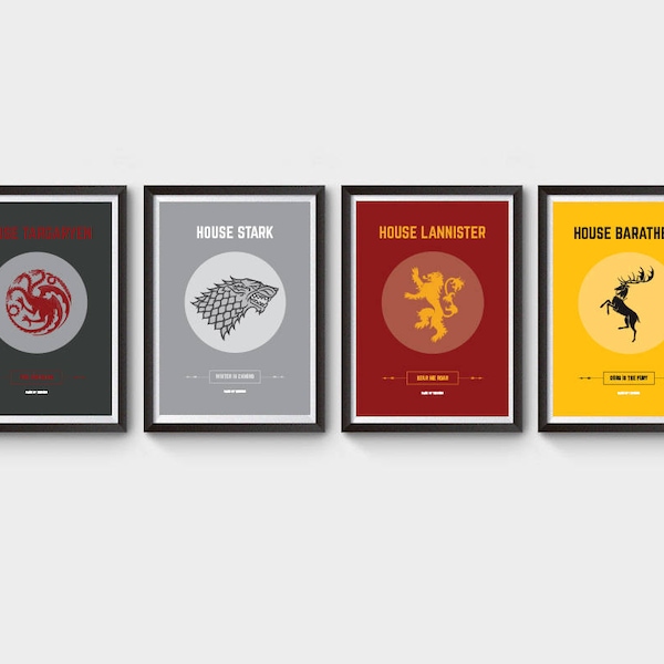 Game of Thrones Posters - x4 A4, A3 and A2 size film poster, minimalist movie poster, film poster, GOT, house stark, house lannister