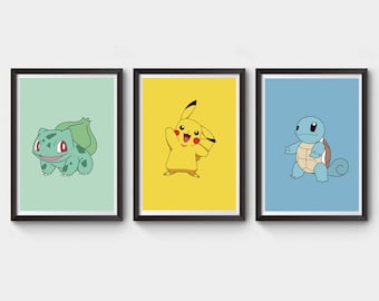 Pokemon Posters x 3, Minimalistisches Filmplakat, A4, A3 und A2 Größe Filmposter, Geschenke für Sie, Geschenke für Ihn, Pikachu, Bisasam, Squirtal