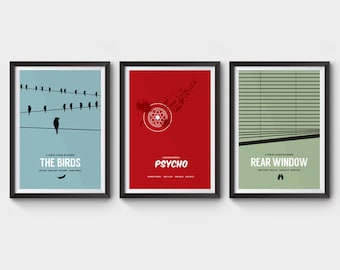 Hitchcock Collection - x3 prints - the birds, minimalist movie poster, rear window poster, alfred hitchcock, movie poster, psycho, film