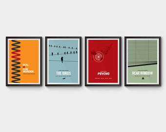 Hitchcock Collection - x4 prints - the birds, minimalist movie poster, rear window poster, alfred hitchcock, movie poster, psycho, film