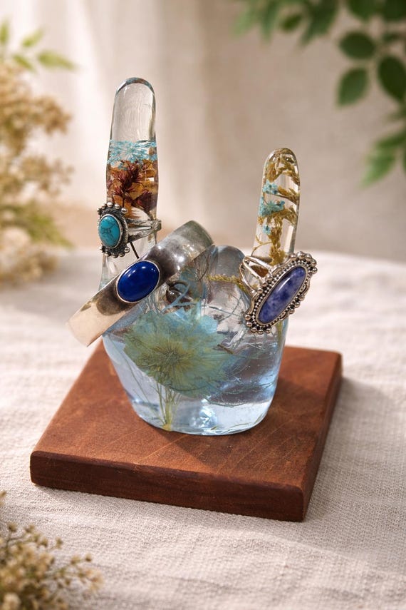 Floral Epoxy Resin Ring Holder | Floral Resin Ring Holder | Rock On Hand Jewelry Display | Botanical Resin Jewelry Stand | Music Inspired