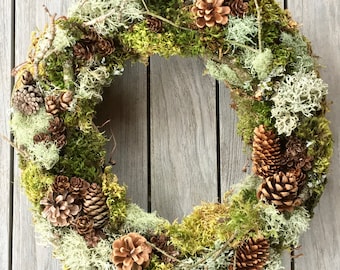 Natural 18" Forest Wreath For Spring, Covered in Branches Moss Lichen Twigs Pine Cones, Organic Rustic Summer Fall Wall Wedding Decor