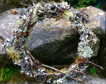 Natural 12'-14" Forest Wreath For Spring, With Branches Moss Lichen Twigs Pine Cones, Organic, Spring or Summer Rustic Wall Wedding Decor