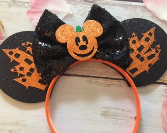 Halloween Pumpkin Mouse Ears Headband- dress up,Halloween party, Halloween costume,couture headband,hair bow,vacation-Boo