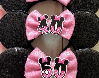 Happy Birthday Age Minnie Mouse ears headband- 21, 30,40, 50