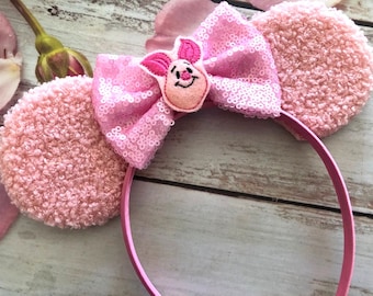 Piglet mouse ears headband- Pink fuzzy mouse ears headband-Halloween costume, dress up