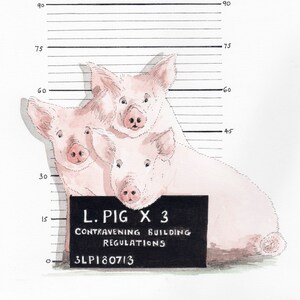 Fine art giclee print 'Pesky Piggies', from original pen & watercolour painting, suitable for kids and adults with a sense of humour image 1