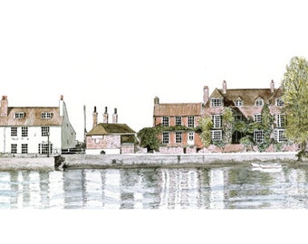 Strand on the Green, Chiswick, limited edition fine art print, panoramic painting in watercolour and ink, London