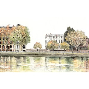 May include: Watercolor painting of a cityscape with buildings and trees along a river. The buildings are in various styles, with red brick and white facades. Trees with autumn foliage line the riverbank, and their reflections are visible in the water.
