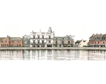 Barnes waterfront, limited edition fine art print, panoramic painting in watercolour and ink, London SW13