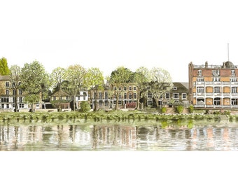By the White Hart, Barnes, limited edition fine art print, panoramic painting in watercolour and ink, London SW13 SW14