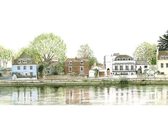 The Ship Inn, Mortlake, limited edition fine art print, panoramic painting in watercolour and ink, London SW14