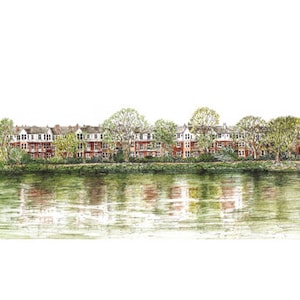 North Barnes en Hammersmith Bridge, impresión artística de edición limitada, pintura panorámica en acuarela y tinta, Londres SW13