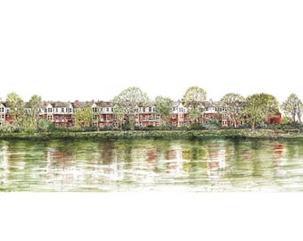 North Barnes at Hammersmith Bridge, limited edition fine art print, panoramic painting in watercolour and ink, London SW13