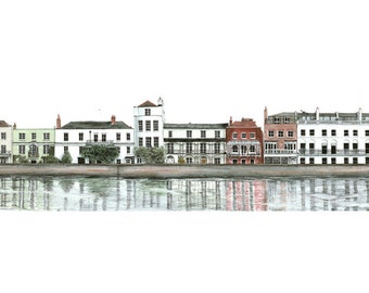 The Terrace, Barnes SW13, limited edition fine art print, panoramic painting in watercolour and ink, London