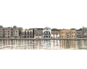 Lower Mall, Hammersmith, limited edition fine art print, panoramic painting in watercolour and ink, London W6