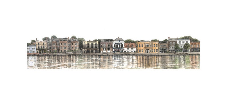 Lower Mall, Hammersmith, limited edition fine art print, panoramic painting in watercolour and ink, London W6 image 1