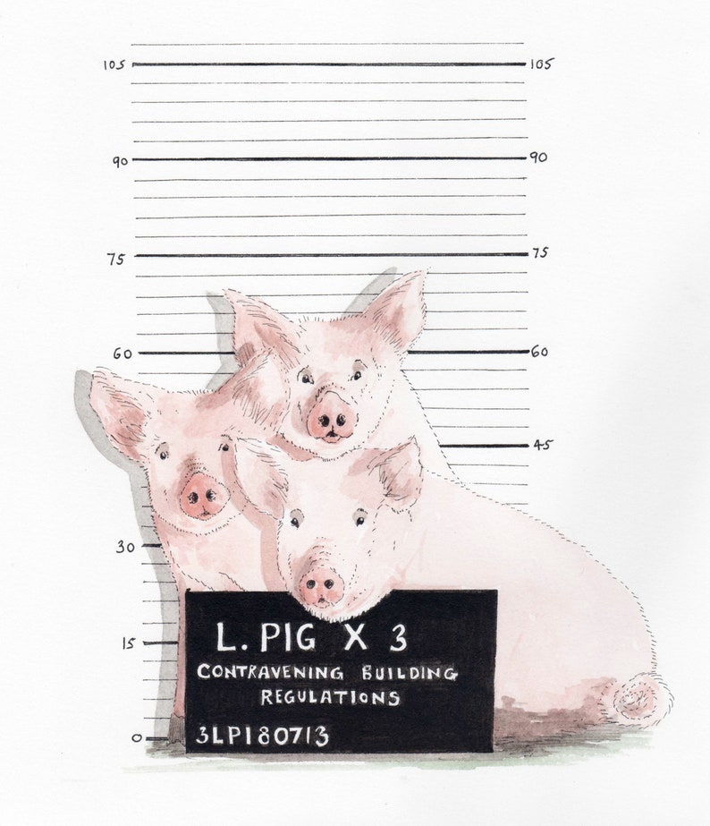 Fine art giclee print 'Pesky Piggies', from original pen & watercolour painting, suitable for kids and adults with a sense of humour image 1