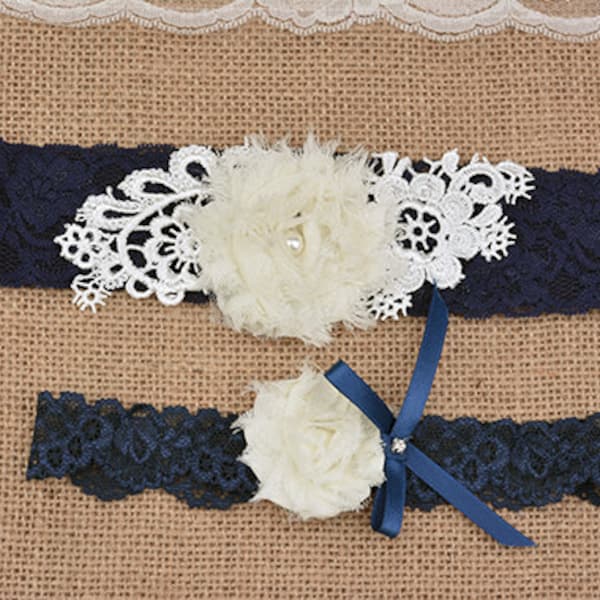 marineblauwe bruids Kousenband set bruiloft kousenband, ivoor bruid Kousenband set, chique rozet kousenband, shabby rozet kousenband, rhinestone Kousenband