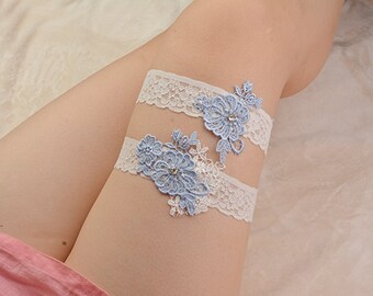 Conjunto de liga nupcial azul, liga de boda, conjunto de liga para novia, liga de encaje, liga retro con flores y pedrería