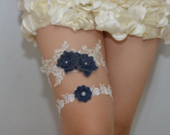 navy blue bridal garter, wedding garter, bride garter, lace garter, something blue garter, rhinestone beaded lace garter