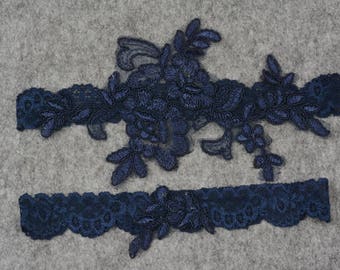 Conjunto de liguero nupcial de encaje floral azul marino, liguero de boda vintage azul oscuro para muslos, accesorios de lencería nupcial para despedida de soltera.