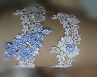 bridal garter set, wedding garter, white lace garter, bride garter, vintage garter, rhinestone garter, something blue garter