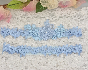 Conjunto de liga nupcial de encaje azul claro, liga de novia con apliques florales, algo azul para la novia, liga de boda para novias, regalo para la novia