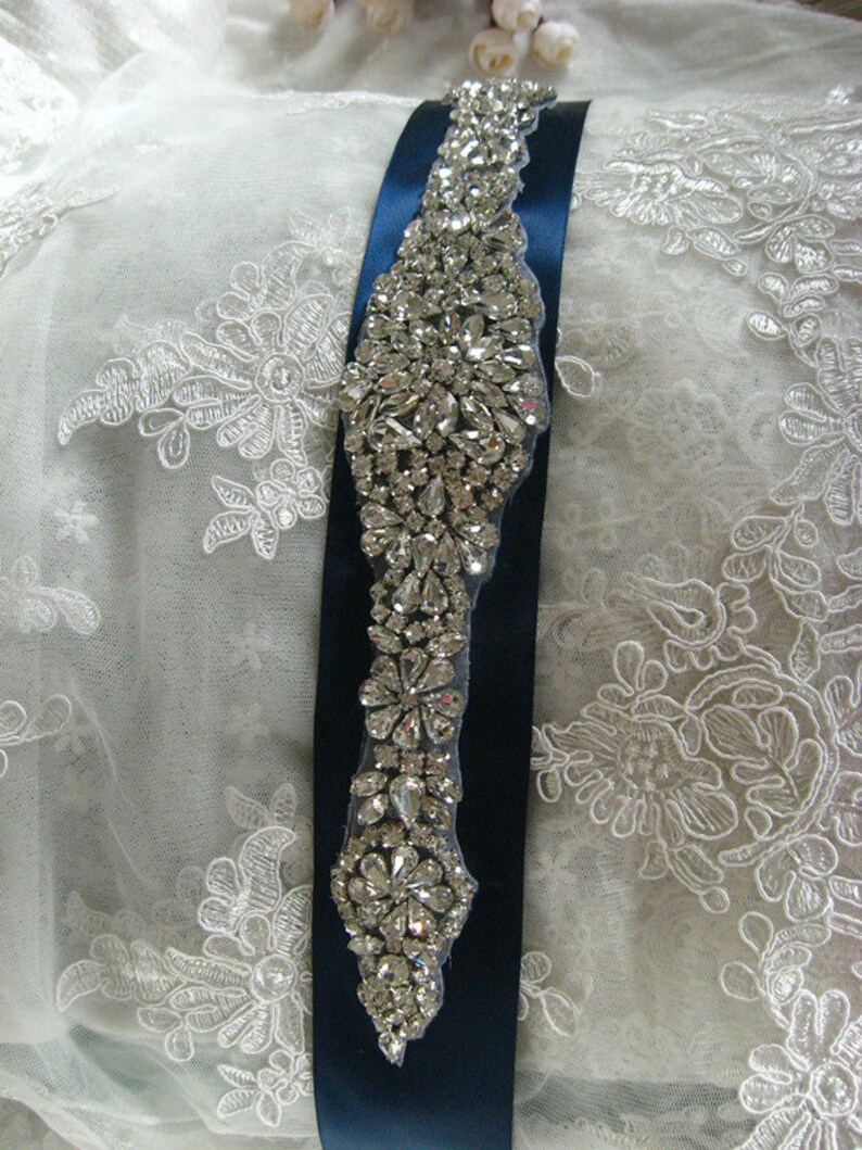 Rhinestone Bridal Sash Crystal Bridal Sash Navy Blue Wedding Etsy