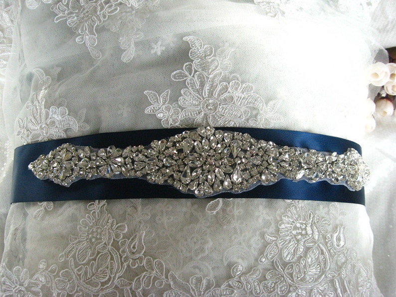 Rhinestone Bridal Sash Crystal Bridal Sash Navy Blue Wedding Etsy