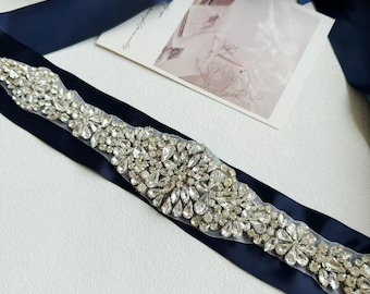 Rhinestone Bridal Sash, Crystal Bridal Sash, Navy Blue Wedding Sash, Bridal Belt, Wedding Belt, CHLOE Rhinestone Beaded Bridal Sash