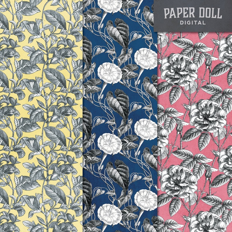 May include: Three digital paper doll patterns featuring floral designs. The first pattern is yellow with black and white flowers. The second pattern is blue with white flowers. The third pattern is pink with black and white flowers. The text "PAPER DOLL DIGITAL" is at the top of the image.