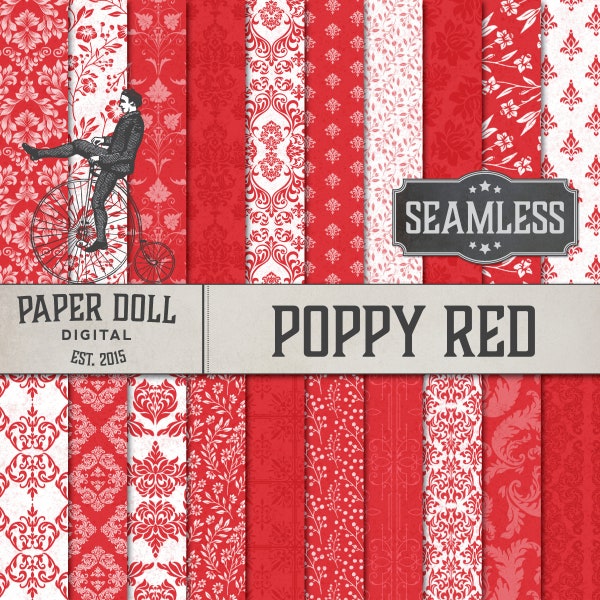 Red Seamless Digital Paper Paper - Damask, Floral, Victorian Scrapbooking, Junk Journal Paper - Decoupage - Instant Download - 20 Sheets