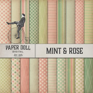 Monnaie et Rose Cottage Chic Digital Paper - Rose et Vert - Polka Dot Scrapbooking Paper - Vintage Junk Journal - Téléchargement instantané - 20 feuilles