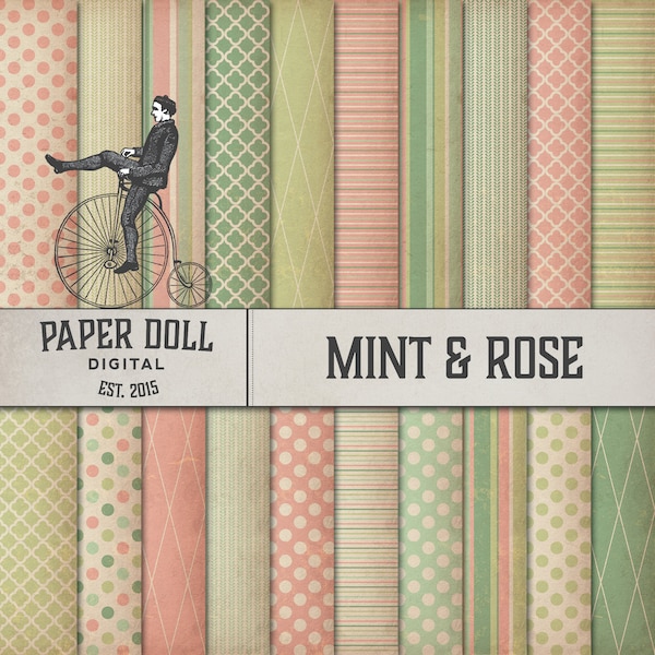 Mint & Rose Cottage Chic Digital Paper - Pink and Green - Polka Dot Scrapbooking Paper - Vintage Junk Journal - Instant Download - 20 Sheets