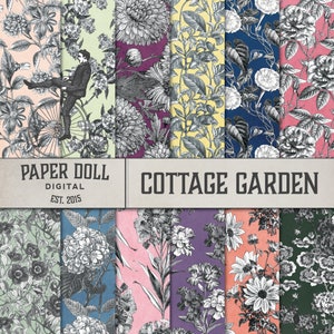 May include: A set of 12 digital paper patterns featuring cottage garden floral designs in black and white. The patterns include various flowers, leaves, and vines on different colored backgrounds. The text "PAPER DOLL DIGITAL EST. 2015" and "COTTAGE GARDEN" are included in the image.