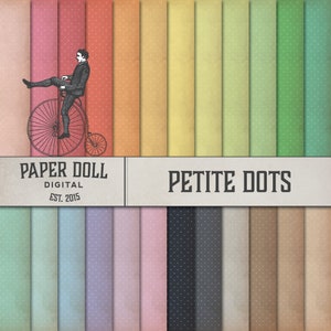Könnte beinhalten: Ein Set mit 20 digitalen Papierhintergründen mit einem kleinen Punktmuster in verschiedenen Farben. Die Papiere haben eine Vintage-Ästhetik mit einer dezenten Textur. Der Text "PAPER DOLL DIGITAL EST. 2015" und "PETITE DOTS" wird auf einem Banner angezeigt.