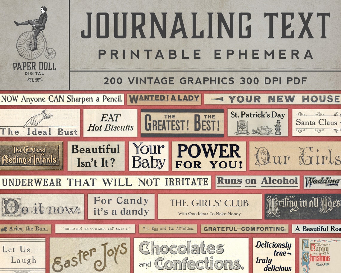 Printable Text Ephemera Journaling Words PDF Vintage Type Scrapbook