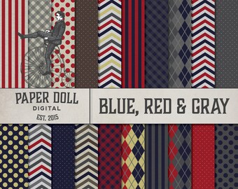 Red, Blue & Gray Digital Paper - Argyle Pattern - Chevron Digital Paper - Vintage Junk Journal - Instant Download - 20 Sheets