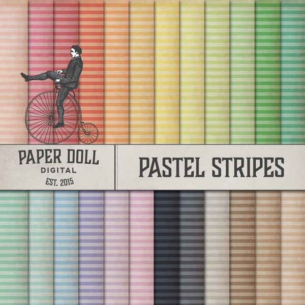 Antiqued Pastel Striped Digital Paper - Textured Scrapbooking, Junk Journal Paper - Distressed Digital Paper - Instant Download - 24 Colors