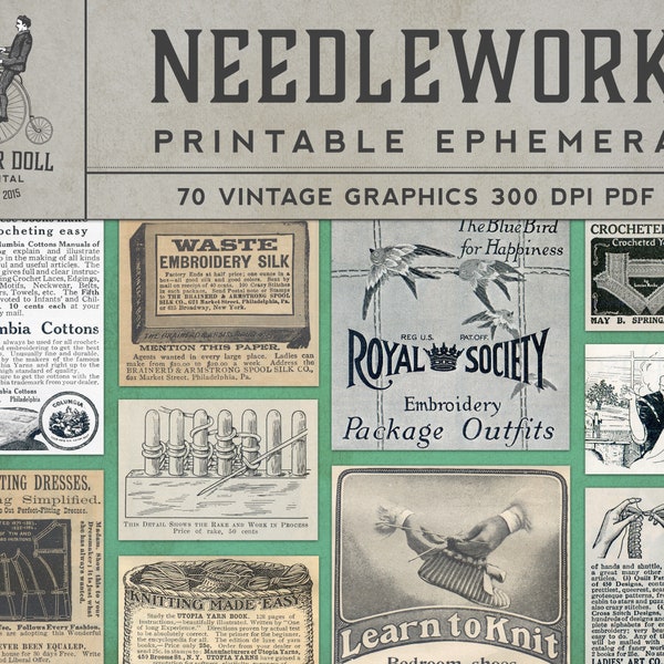Printable Needlework Ephemera - PDF - Vintage Knitting, Crochet - Scrapbooking - Junk Journal - Cardmaking -  70 Images - Instant Download
